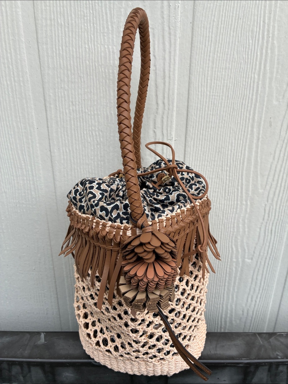 Chico’s Raffia Bucket Bag with Animal Print lining